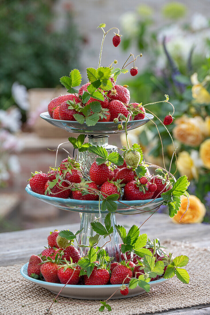 Strawberries on an etagere as summer table decoration