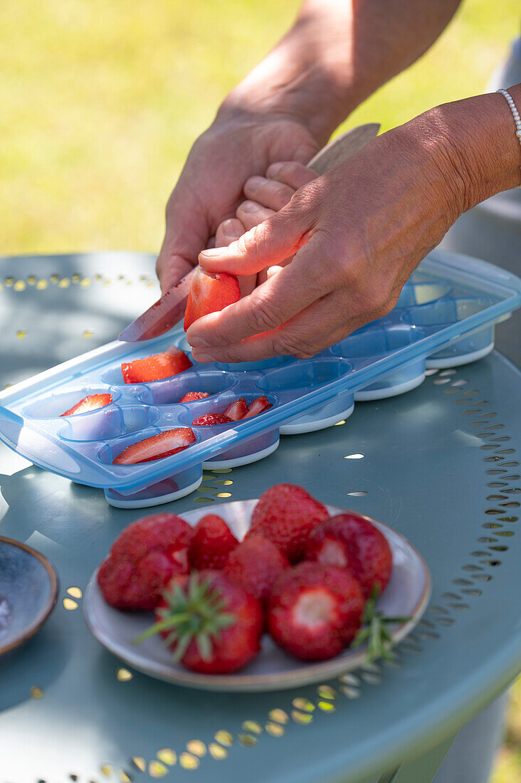 Eiswürfel mit Erdbeeren und Rosmarin