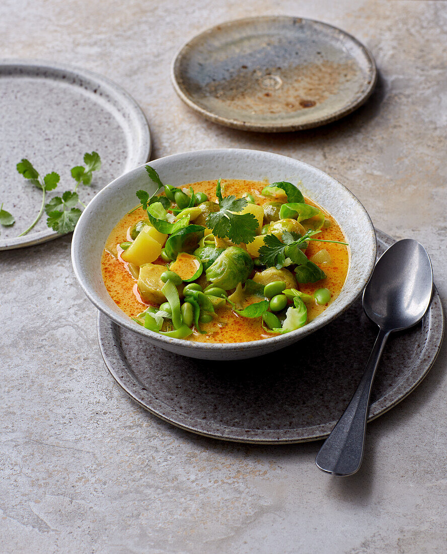 Brussels sprouts coconut curry with edamame