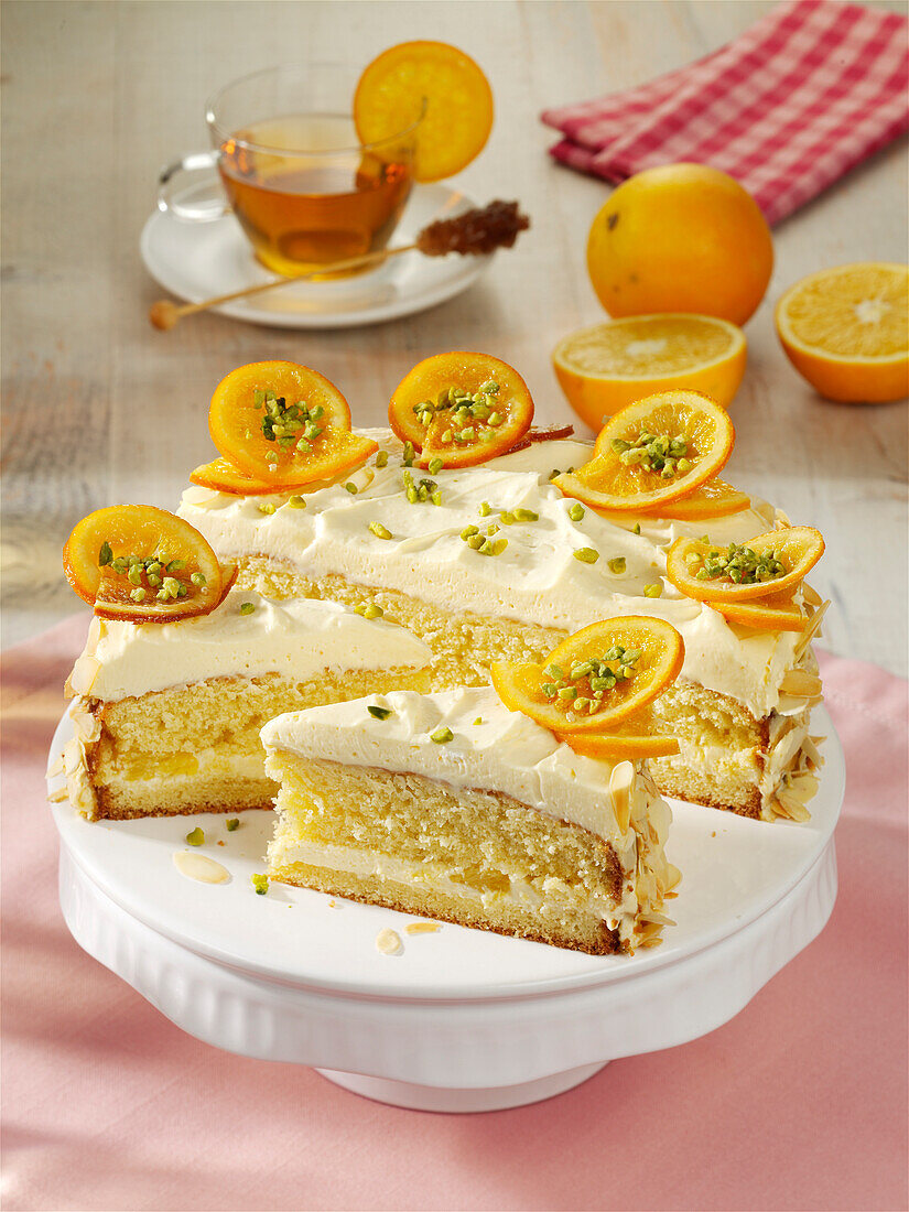 Orange tart with pistachios