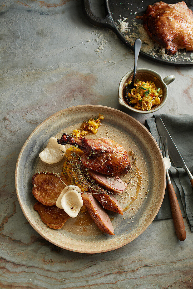 Spiced mason's duck from the pickling broth