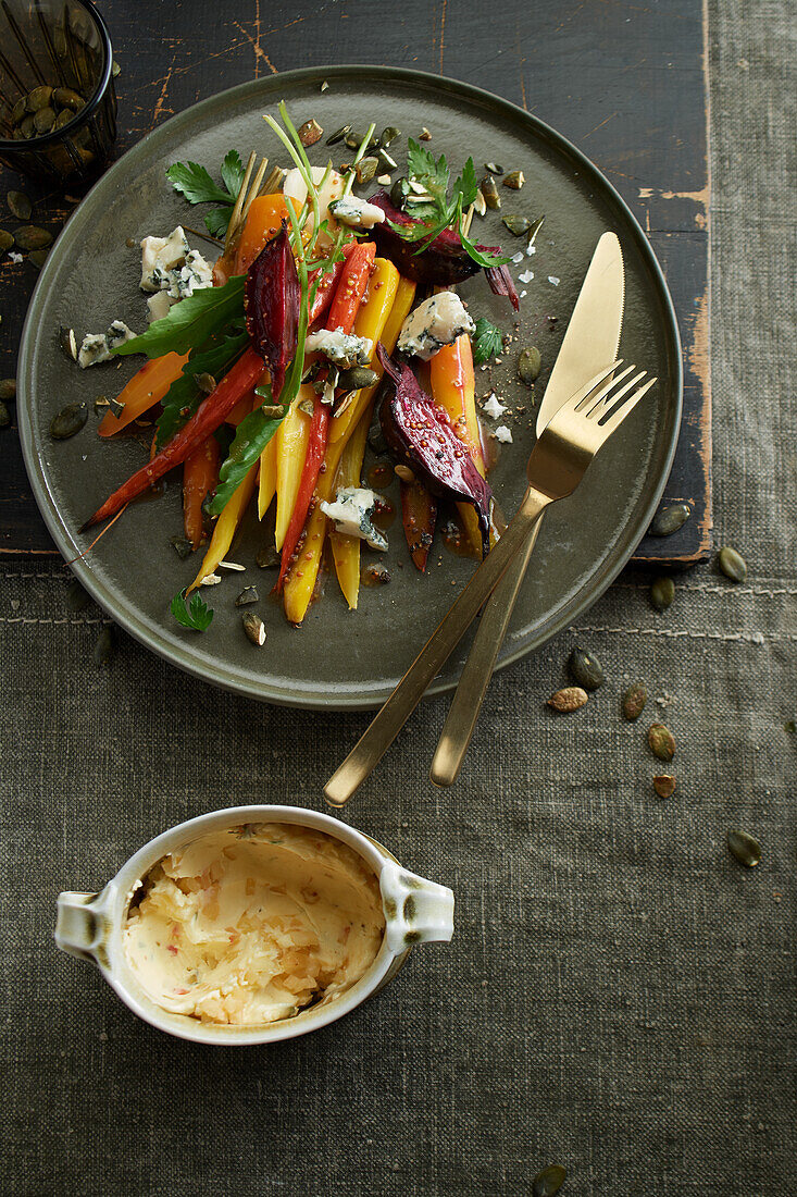 Root Vegetables that were baked in a salt crust served as a salad with blue cheese