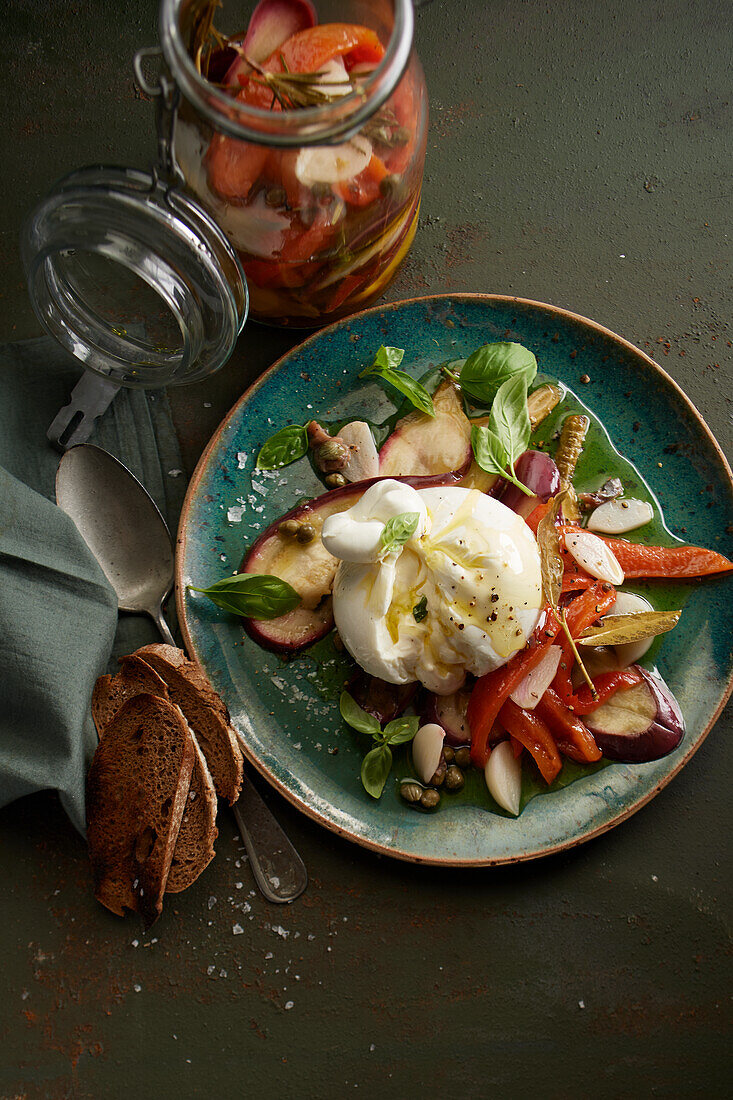 Burrata with pickled eggplant and peppers