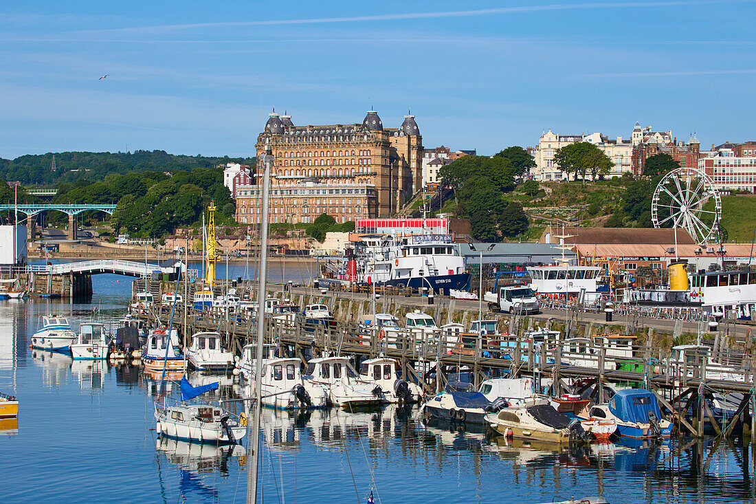 View of South Bay, looking towards Grand Hotel, Scarborough, Yorkshire, England, United Kingdom, Europe