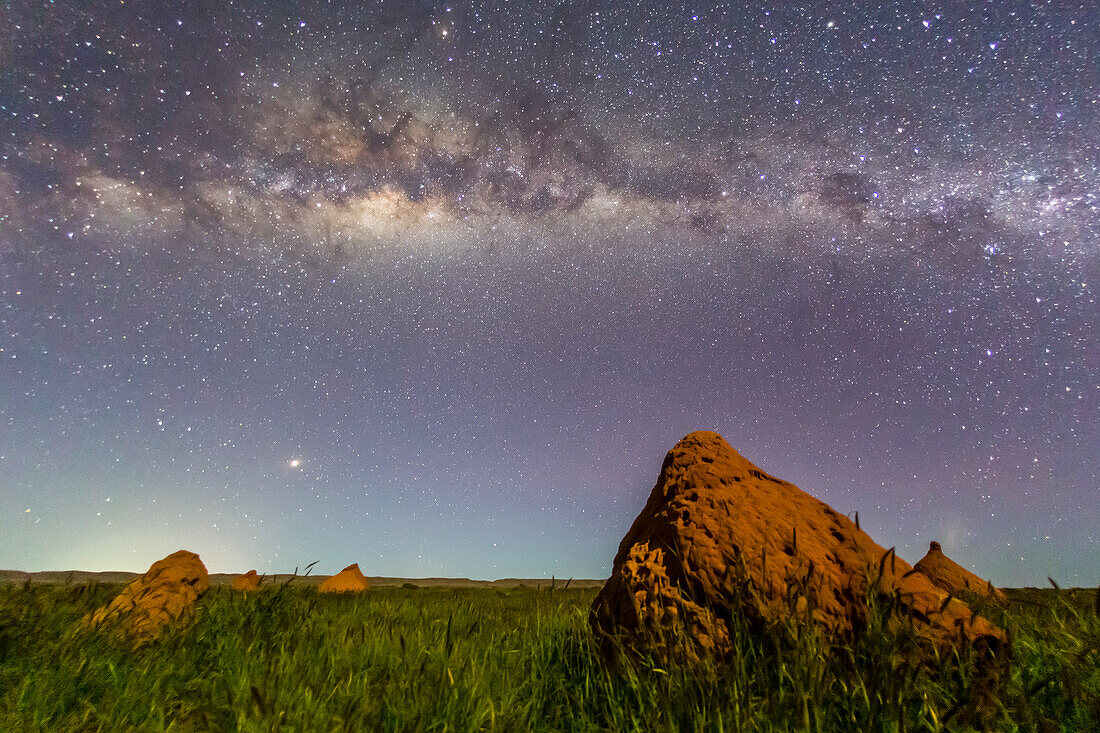 The Milky Way over termite mounds in Cape Range National Park, Exmouth, Western Australia, Australia, Pacific