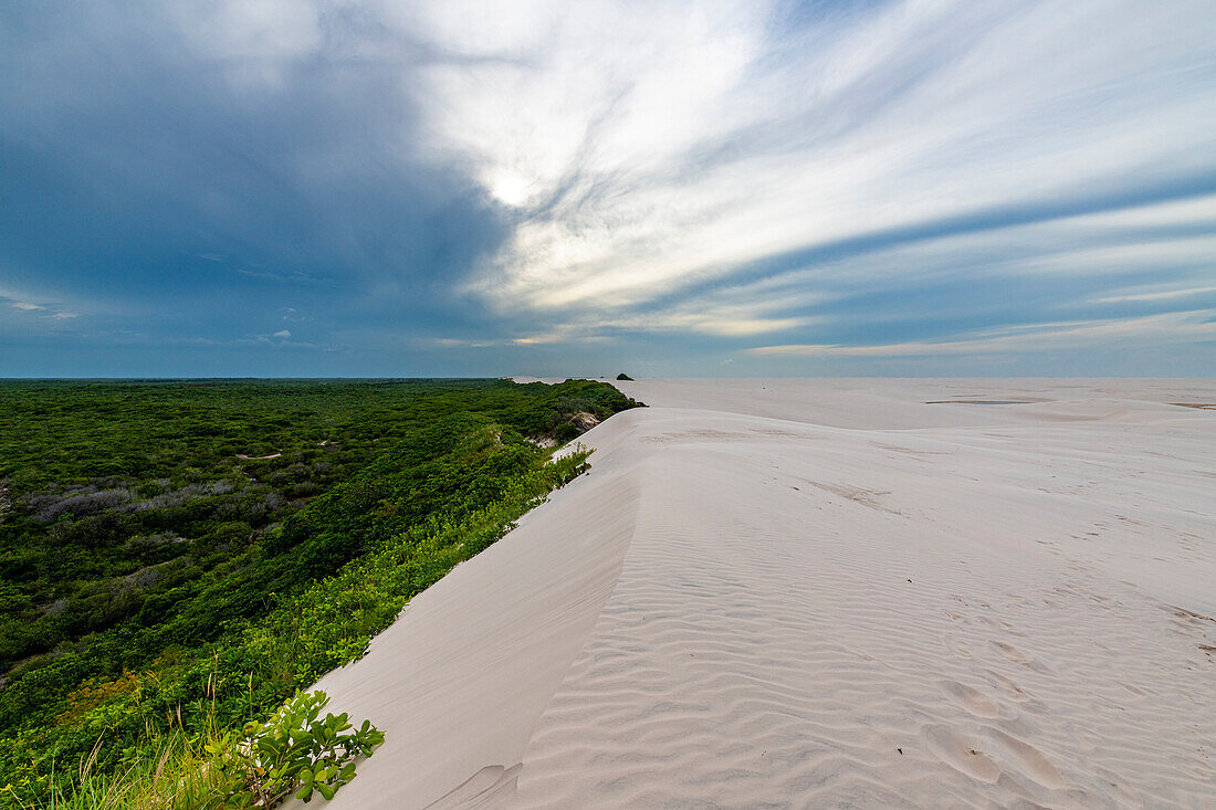 Sanddünen, die sich aus dem grünen Dschungel erheben, Lencois Maranhenses National Park, Maranhao, Brasilien, Südamerika