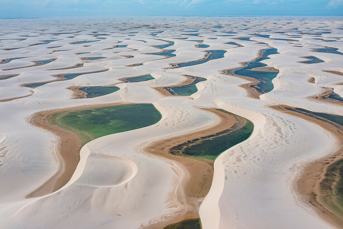 Luftaufnahme von Süßwasserseen zwischen riesigen Sanddünen im Lencois Maranhenses National Park, Maranhao, Brasilien, Südamerika