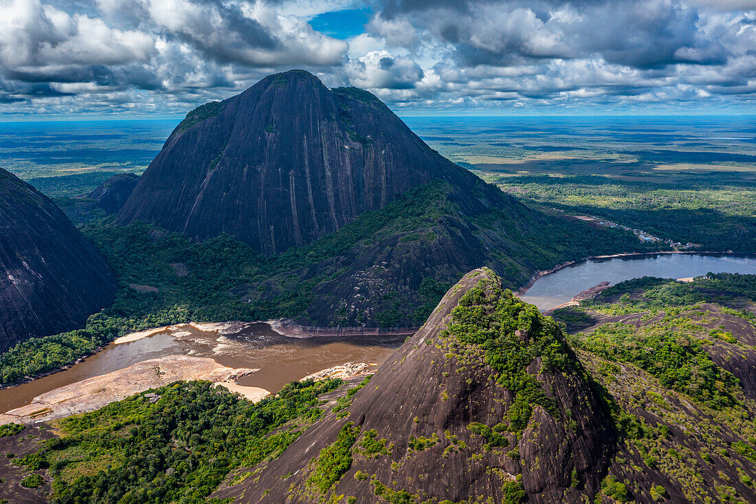 Aerial of the huge granite hills, Cerros de Mavecure, Eastern Colombia, South America