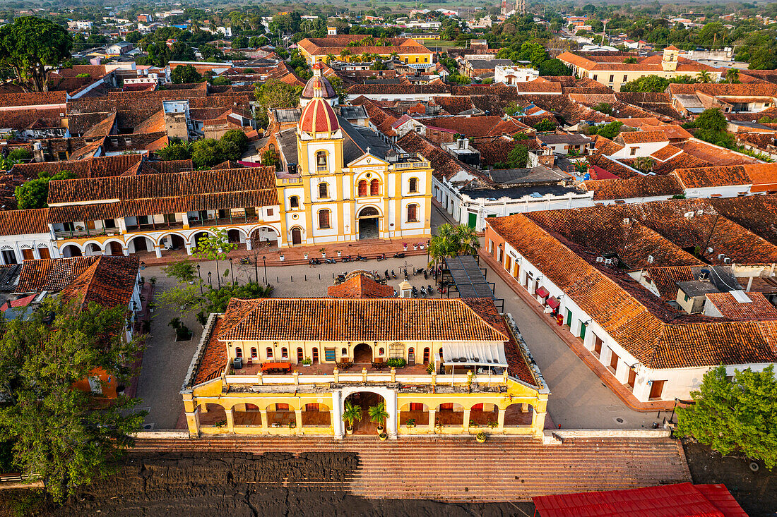 Aerial of La Inmaculada Concepcion church, Mompox, UNESCO World Heritage Site, Colombia, South America