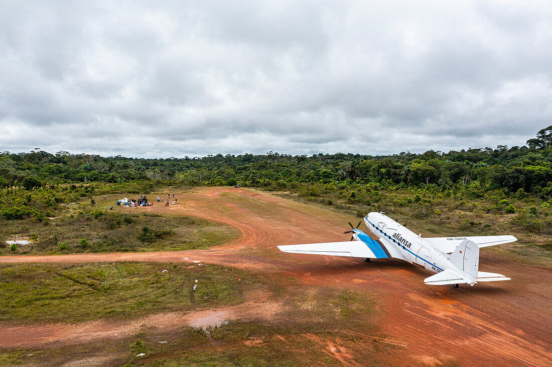 Aerial of a DC3 aircraft on a landing strip, San Felipe, Colombia, South America