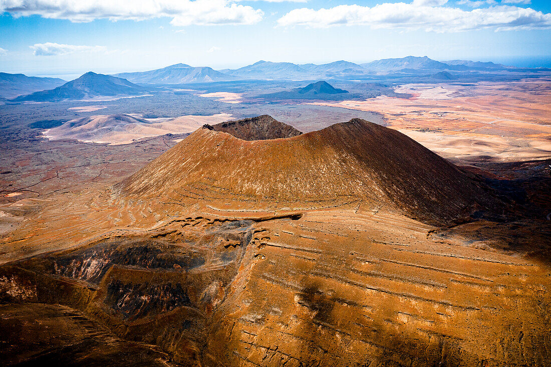 Aerial view of majestic Gairia Volcano, natural landmark of Fuerteventura, Canary Islands, Spain, Atlantic, Europe