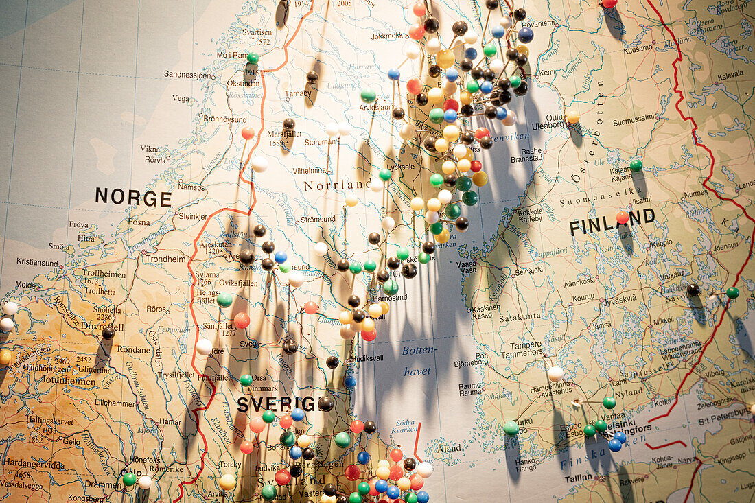Travel plans with straight pins on the Scandinavian map, Scandinavia, Europe