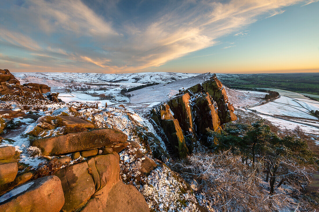 Snow capped view of Hen Cloud, The Roaches, Peak District, Staffordshire, England, United Kingdom, Europe