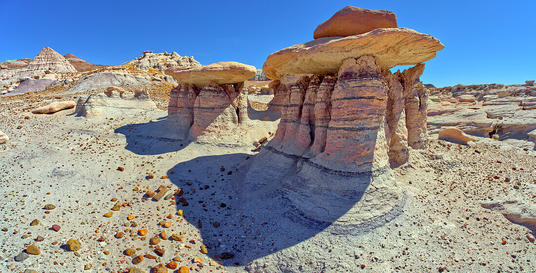 Three hoodoos in a triangular formation in Devil's Playground called the Unholy Trinity, Petrified Forest National Park, Arizona, United States of America, North America