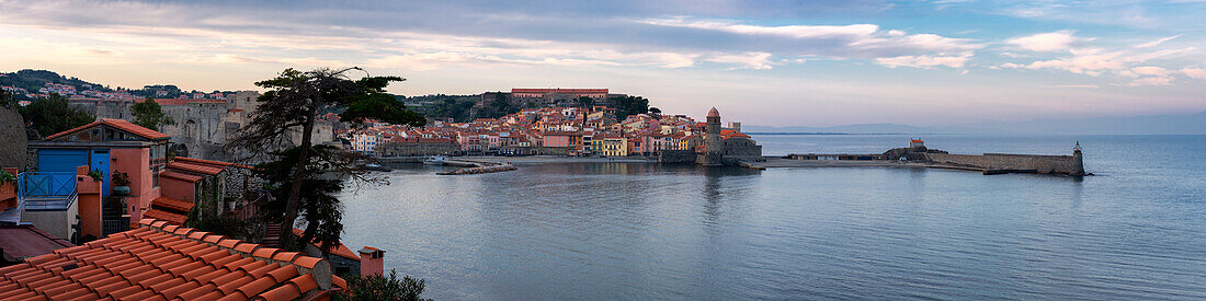 Panorama of Collioure traditional colorful medieval village at sunset, Collioure, Pyrenees Orientales, France, Europe
