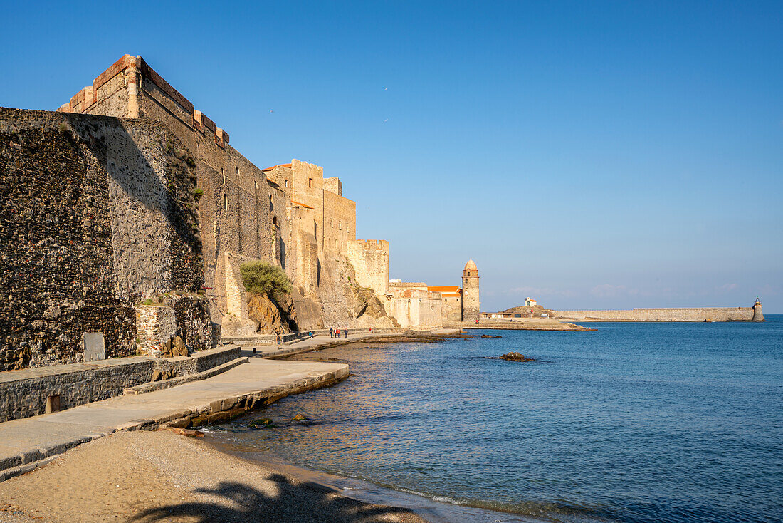 Königliches Schloss von Collioure mit den bunten Dorfgebäuden, Collioure, Pyrenees Orientales, Frankreich, Europa