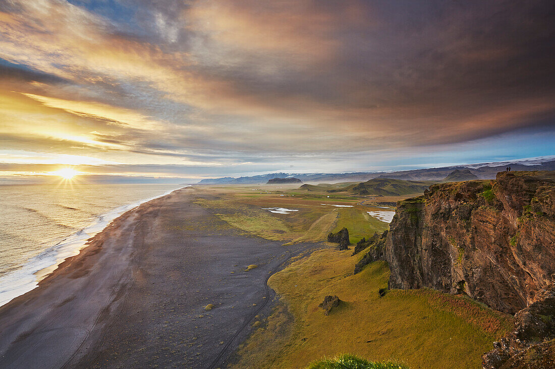 Coastline view from Dyrholaey Island, just before sunset, near Vik, south coast of Iceland, Polar Regions