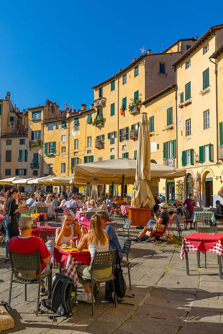 Essen und Trinken im Freien, Piazza dell'Anfiteatro, Lucca, Toskana, Italien, Europa