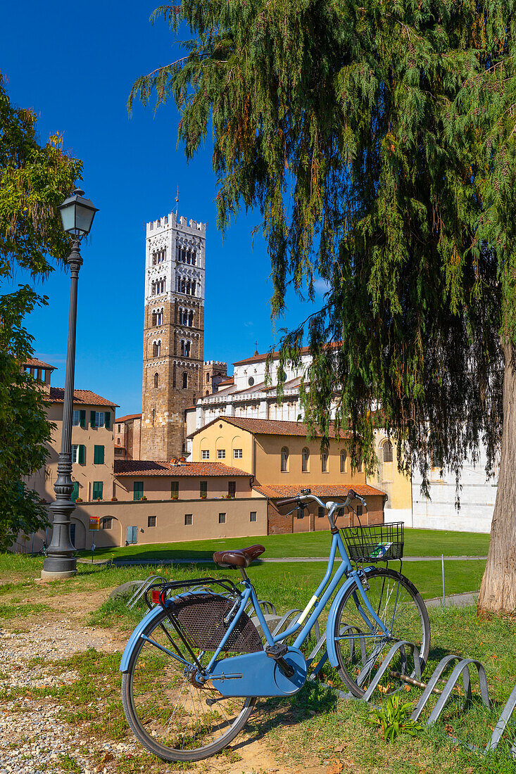 San Martino Duomo (Dom St. Martin), abgestelltes Fahrrad, Lucca, Toskana, Italien, Europa