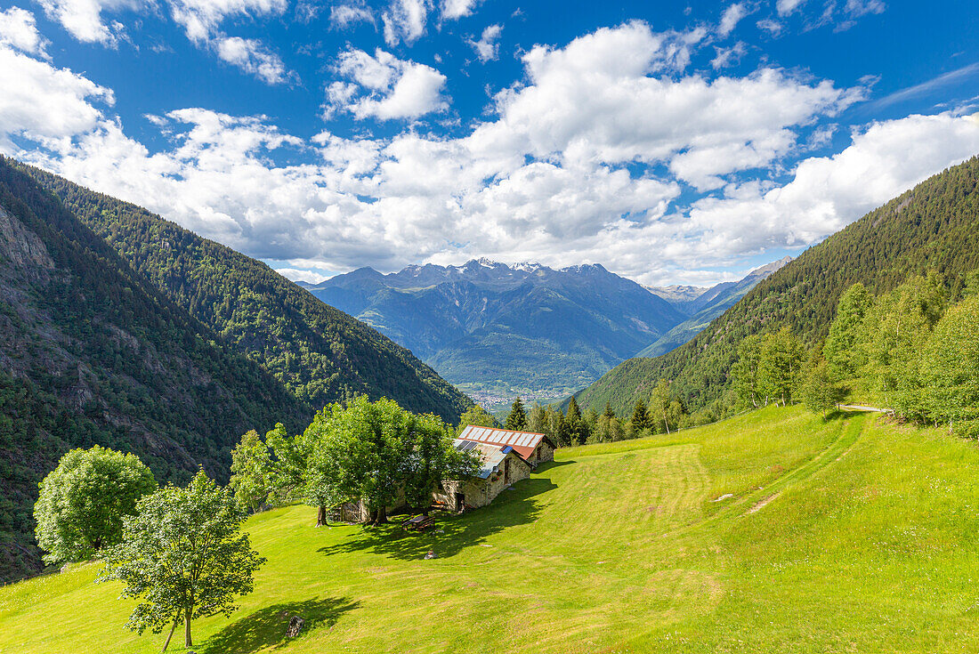 Lonely traditional hut in a wild alpine valley, Val d'Arigna, Orobie, Valtellina, Lombardy, Italy, Europe