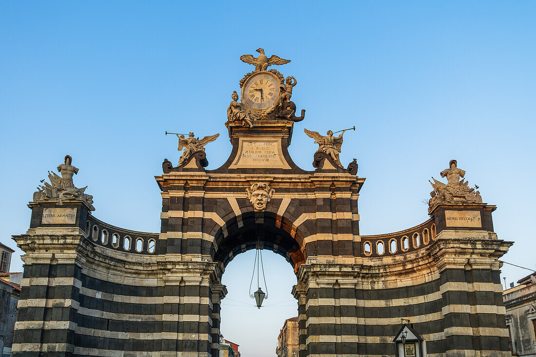 Porta Garibaldi (Porta Ferdinandea), 1768 triumphal arch, low angle view, Catania Sicily, Italy, Mediterranean, Europe