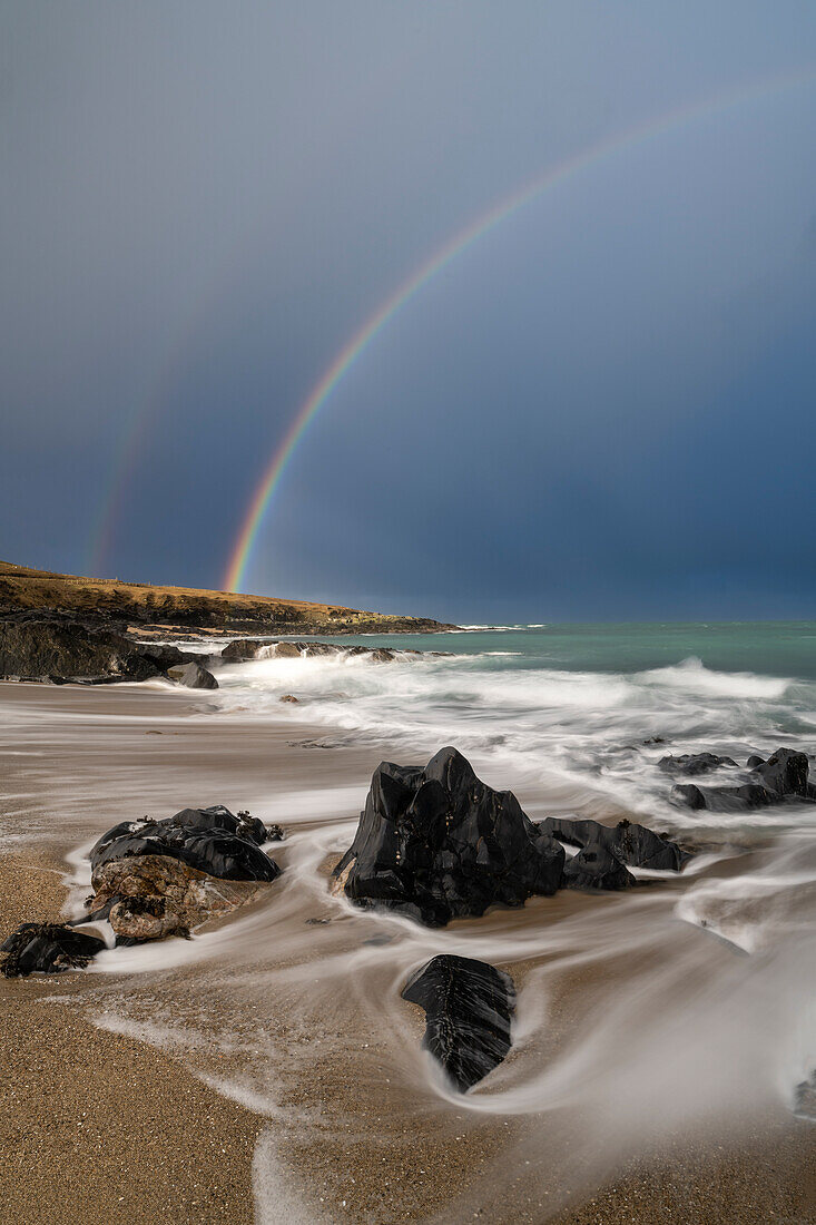 Double rainbow above Traigh Bheag (The Small Beach), Isle of Harris, Outer Hebrides, Scotland, United Kingdom, Europe