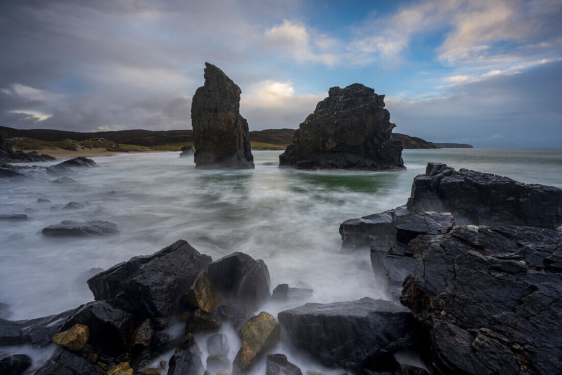 High tide with long exposure at Garry Beach,Traigh Ghearadha, Tolsta, Isle of Lewis, Outer Hebrides, Scotland, United Kingdom, Europe