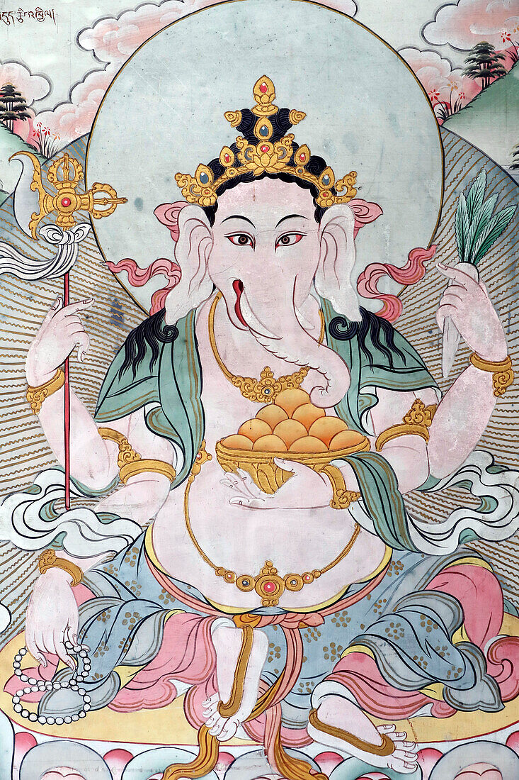 Ganesh (Ganapati), elefantenköpfiger Hindu-Gott, Wandgemälde, Pema Osel Ling Kloster, Dakshinkali, Kathmandu, Nepal, Asien