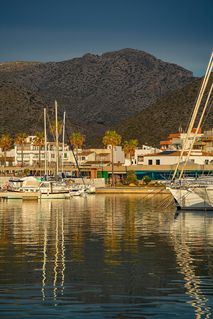 Blick auf den Sonnenaufgang, der sich auf den Yachten im Jachthafen von Port de Pollenca spiegelt, Port de Pollenca, Mallorca, Balearen, Spanien, Mittelmeer, Europa