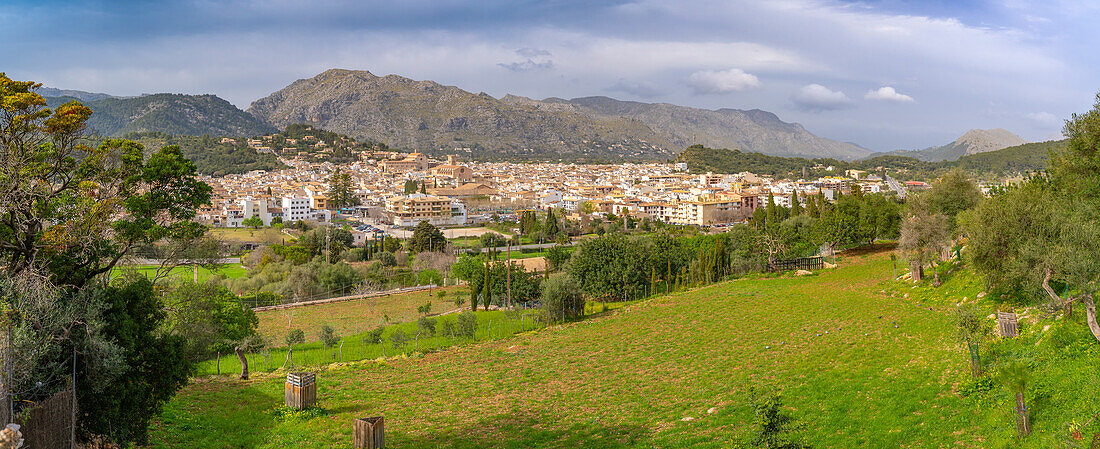 Panoramablick auf die Stadt Pollenca in bergiger Umgebung, Pollenca, Mallorca, Balearische Inseln, Spanien, Mittelmeer, Europa