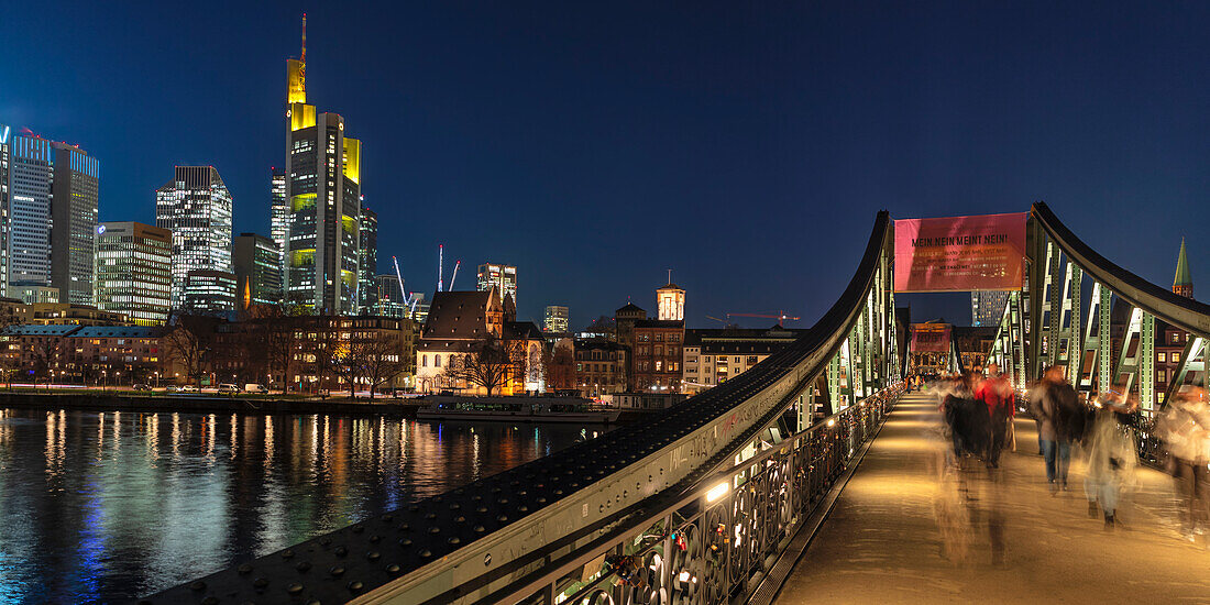View from Eiserner Steg Bridge across Main River to the skyline of Frankfurt am Main, Hesse, Germany, Europe