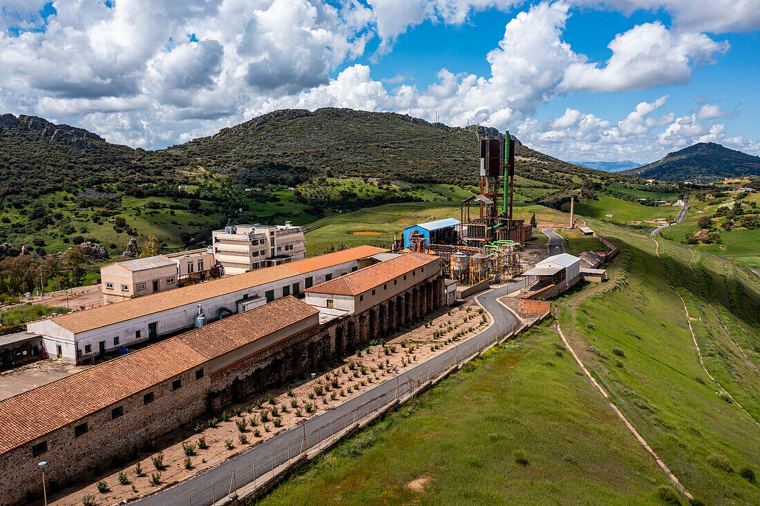 Aerial of the ancient mine, Heritage of Mercury, UNESCO World Heritage Site, Almaden, Castile-La Mancha, Spain, Europe