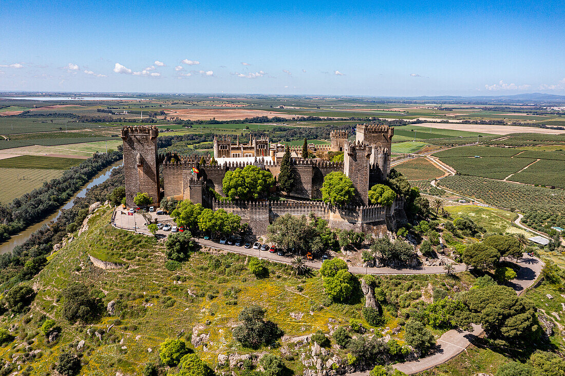 Aerial of the Castle of Almodovar del Rio, Andalusia, Spain, Europe