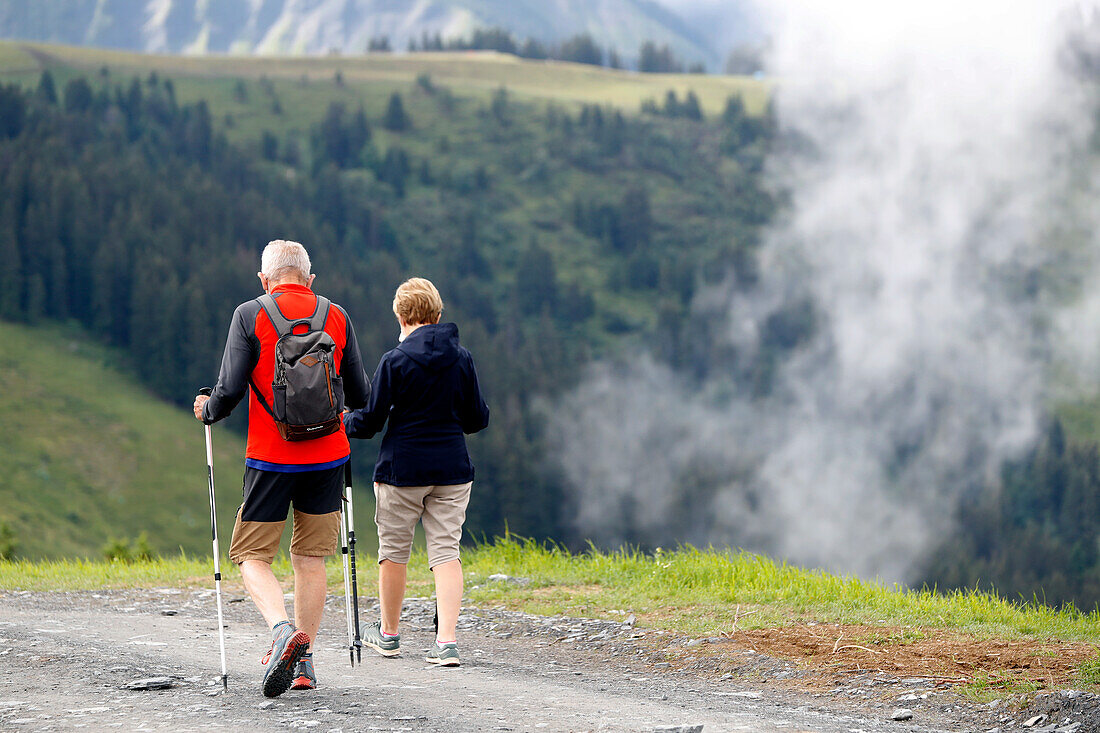 Bergwanderer im Sommer in den französischen Alpen, Haute-Savoie, Frankreich, Europa