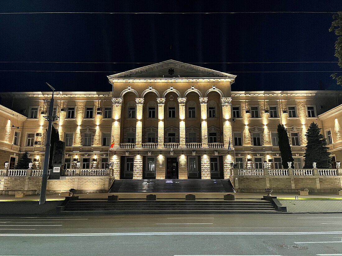 Home Affairs Ministry by night, Chisinau, Moldova, Europe