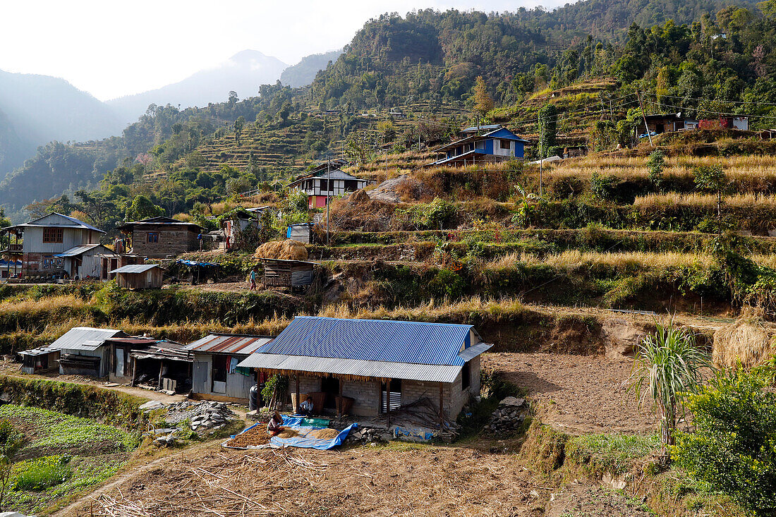 Bergiges Dorf und traditionelle Landwirtschaft, Lapilang, Dolakha, Nepal, Asien