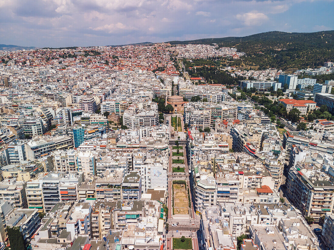 Day drone view of Rotunda, Roman circular temple, UNESCO World Heritage Site, Thessaloniki, Greece, Europe