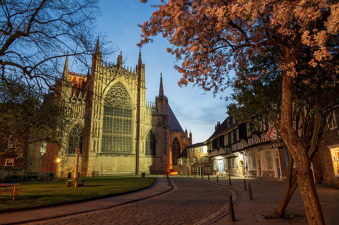 College Street with York Minster at night, City of York, Yorkshire, England, United Kingdom, Europe