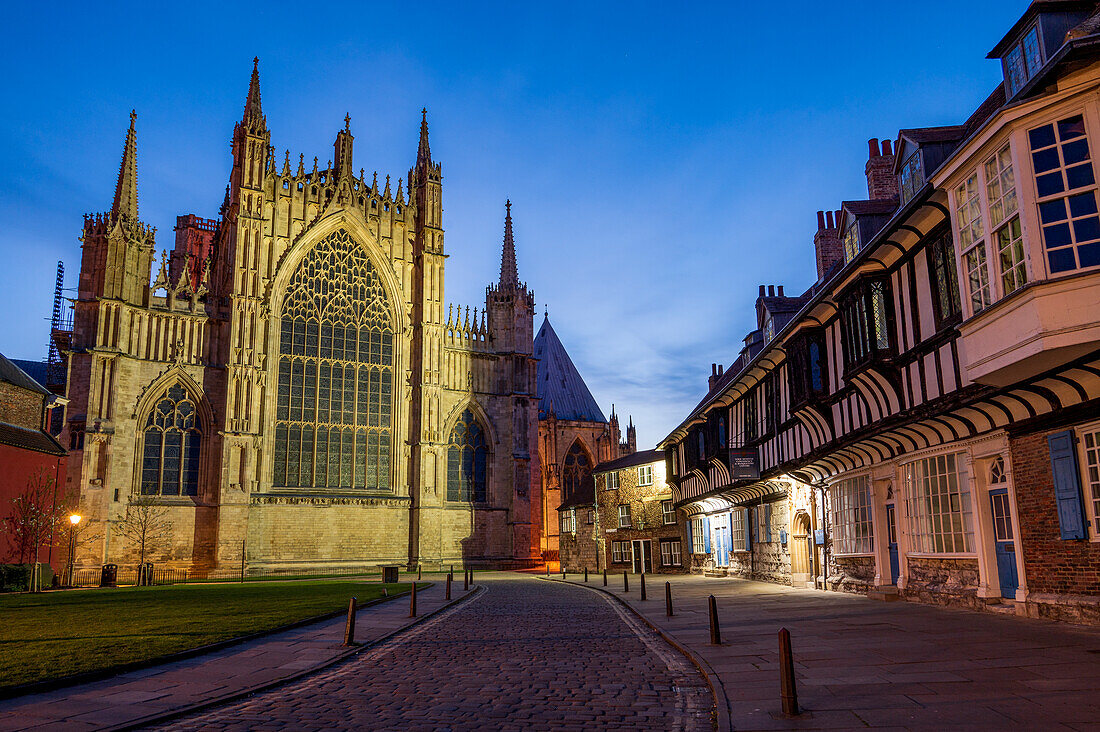 York Minster and College Street at night, City of York, Yorkshire, England, United Kingdom, Europe