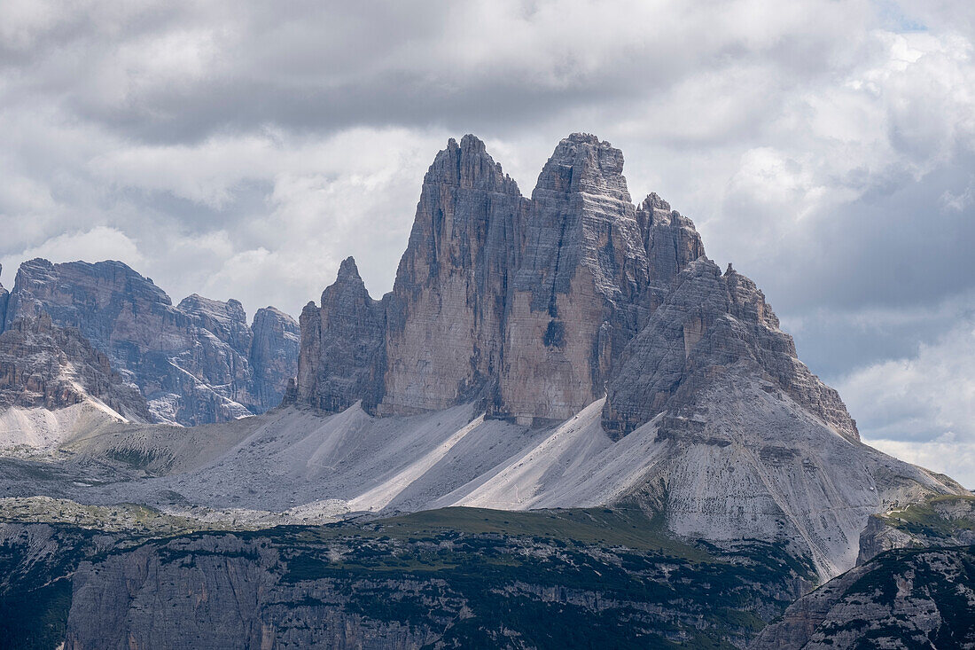 Three Peaks mountains in a cloudy day, UNESCO World Heritage Site, Dolomites, Italy, Europe