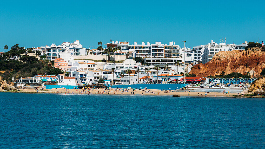 View of Beach of Olhos de Agua from the sea in the southern Portuguese region of Algarve, Portugal, Europe