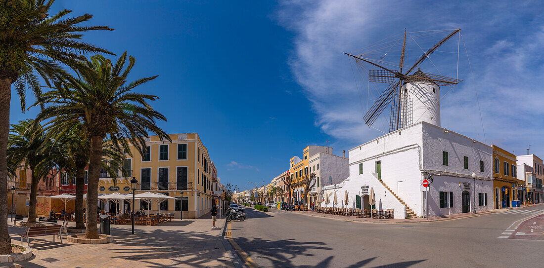 View of windmill and restaurant in historic centre, Ciutadella, Menorca, Balearic Islands, Spain, Mediterranean, Europe