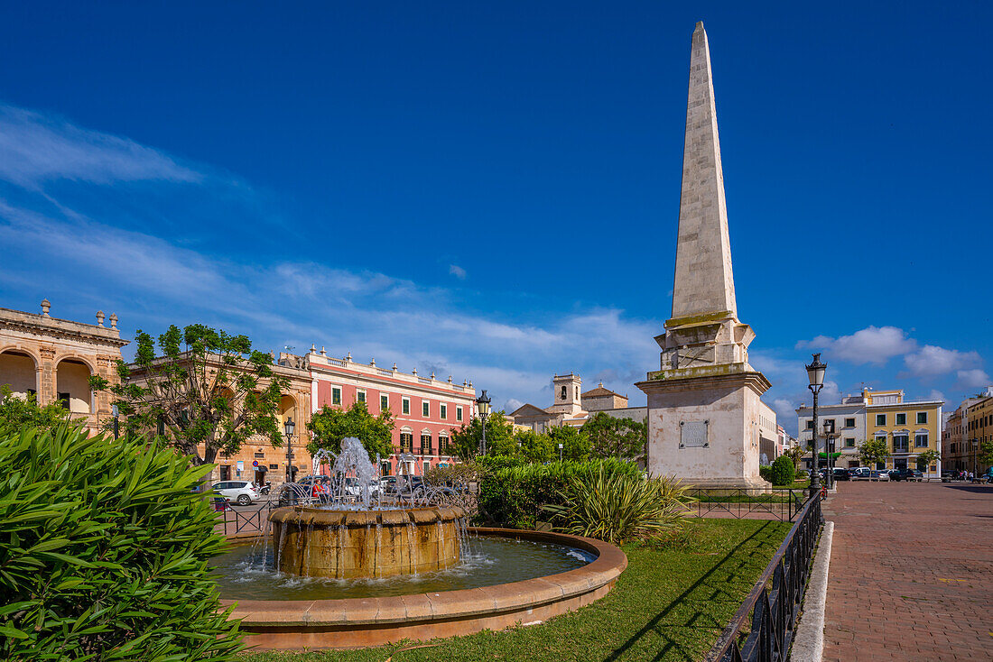 View of the Obelisc de Ciutadella in Placa des Born, Ciutadella, Menorca, Balearic Islands, Spain, Mediterranean, Europe