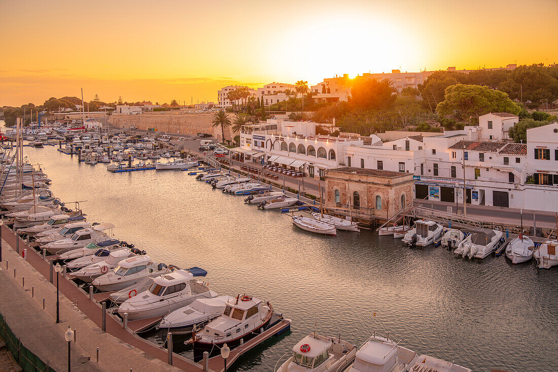 View of marina at sunset from elevated position, Ciutadella, Menorca, Balearic Islands, Spain, Mediterranean, Europe