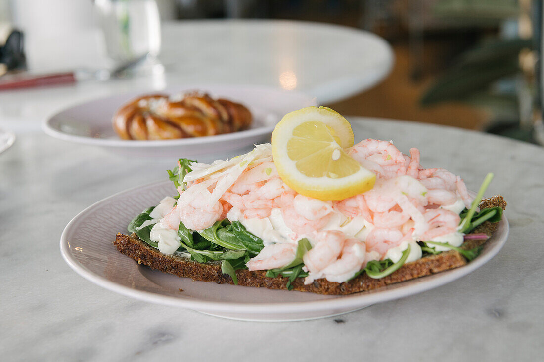 Toast Skagen (prawns on toast), Gamla Stan, Stockholm, Sodermanland and Uppland, Sweden, Scandinavia, Europe