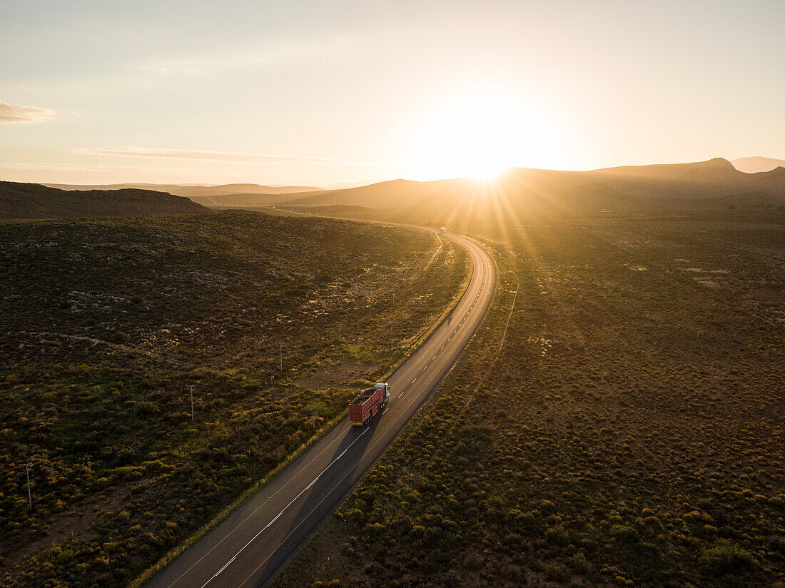 Aerial view of sunset over highway, landscape near Touws River, Western Cape, South Africa, Africa