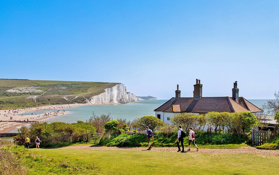 Wanderer passieren die Cottages der Küstenwache in Cuckmere Haven, mit dem Strand und den Seven Sisters Klippen dahinter, East Sussex, England, Vereinigtes Königreich, Europa