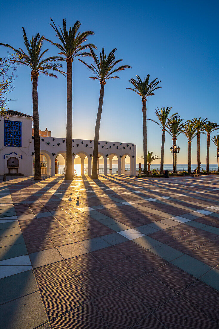 View of Plaza Balcon De Europa at sunrise in Nerja, Costa del Sol, Malaga Province, Andalusia, Spain, Mediterranean, Europe