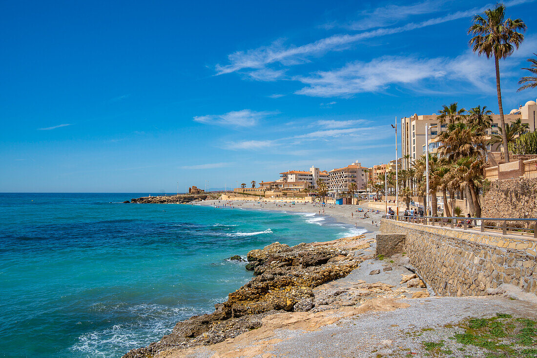 View of beach, hotels and coast at Nerja, Nerja, Malaga Province, Andalucia, Spain, Mediterranean, Europe