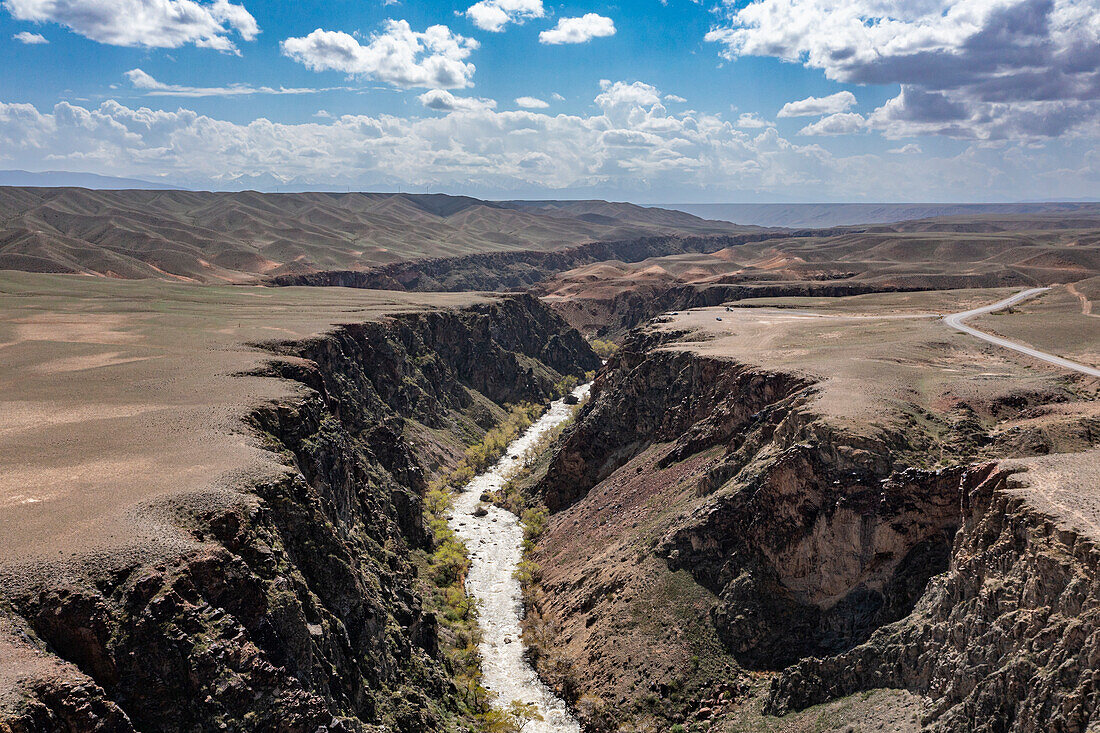 Aerial of the Charyn Gorge and river, Tian Shan, Kazakhstan, Central Asia, Asia